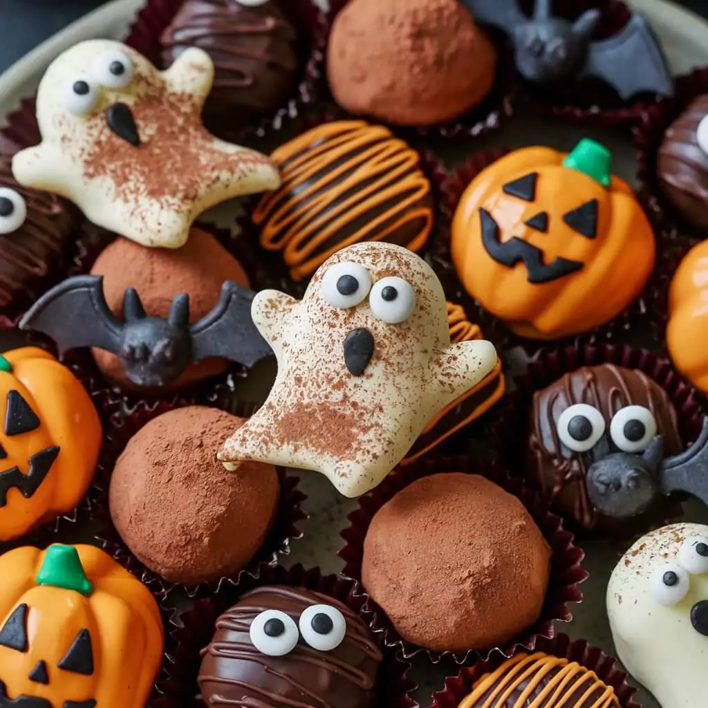 Festive Halloween truffle bites decorated with spooky designs, requiring no baking.