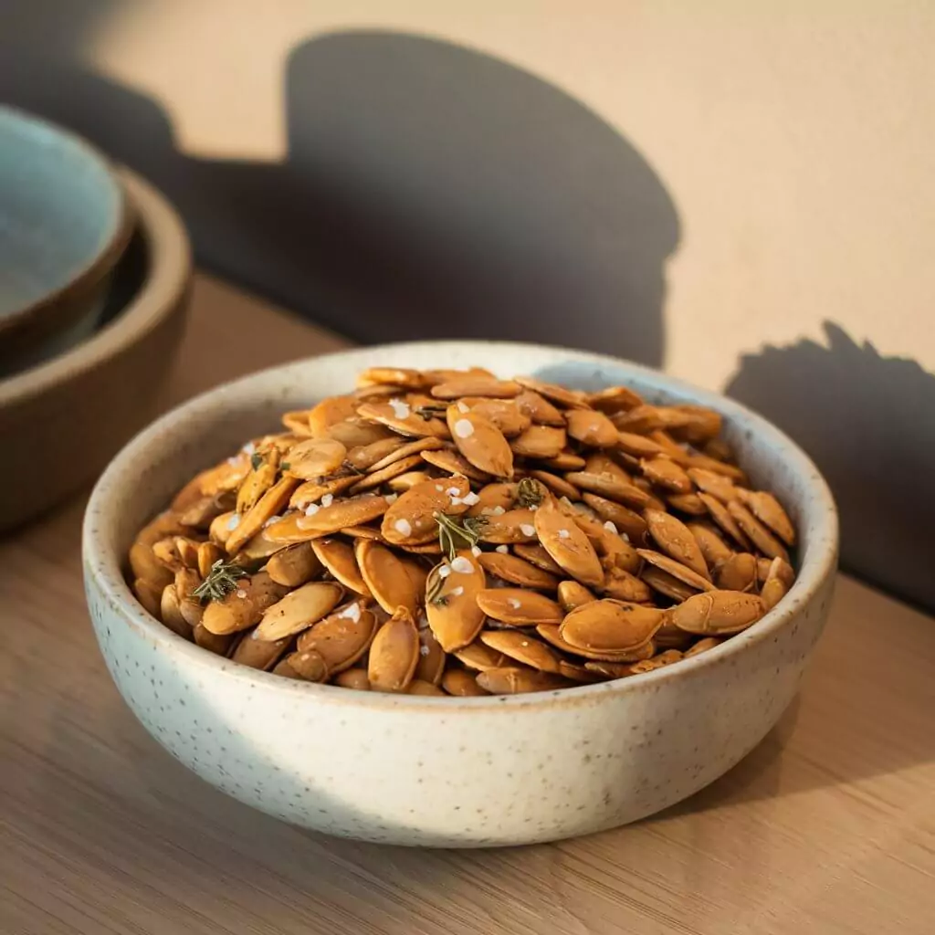 air fryer pumpkin seeds recipe with sweet, spicy, and tangy flavor.