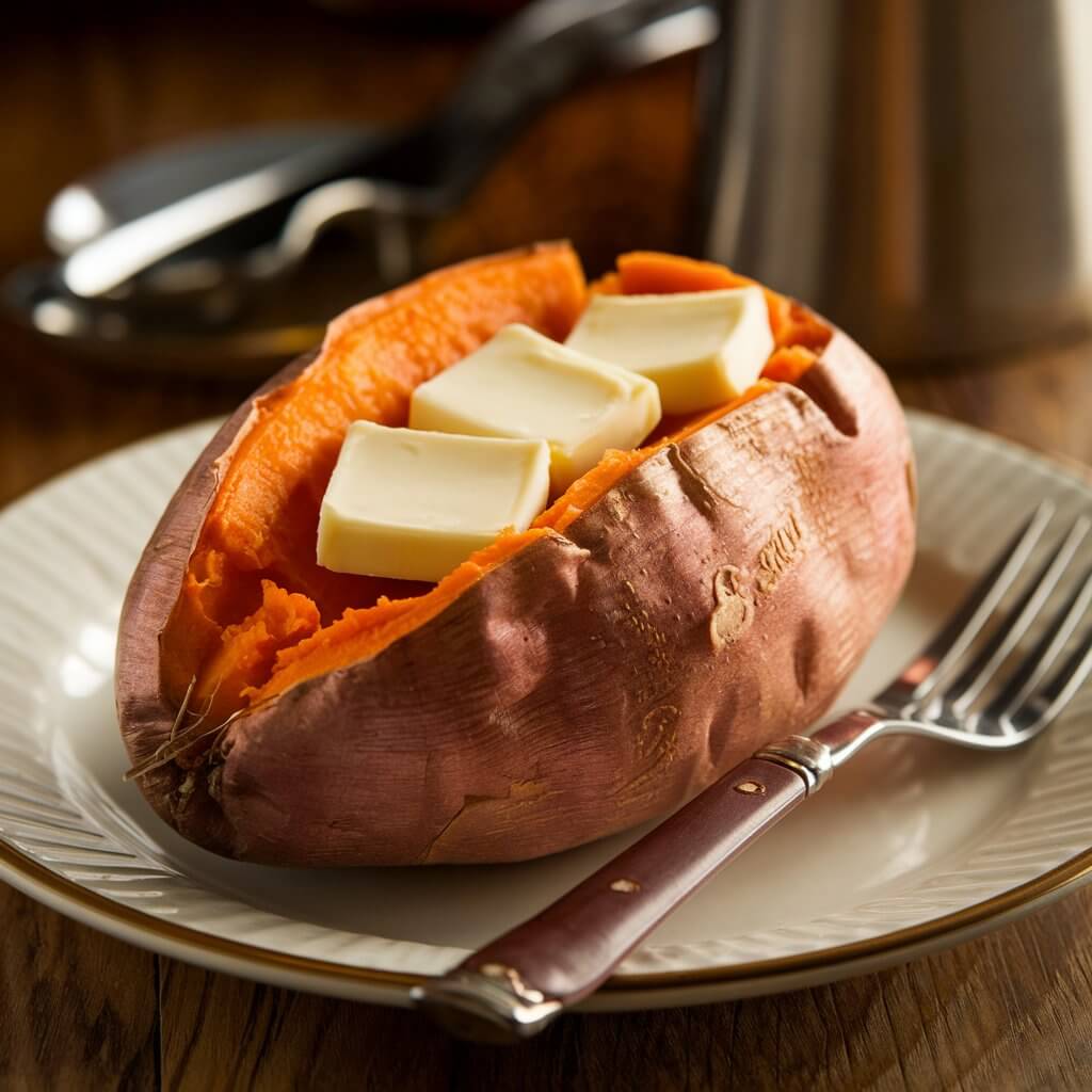 Baked sweet potato in air fryer with crispy skin and soft interior.