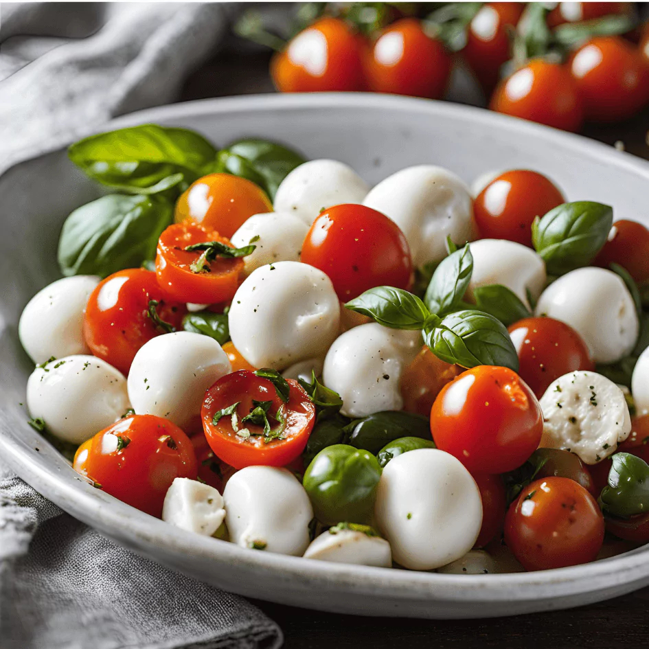 Easy Bocconcini Cherry Tomato Salad with Basil and Olive Oil.