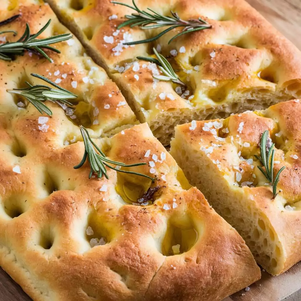 Fluffy Thermomix Focaccia with olive oil, rosemary ans sea salt.