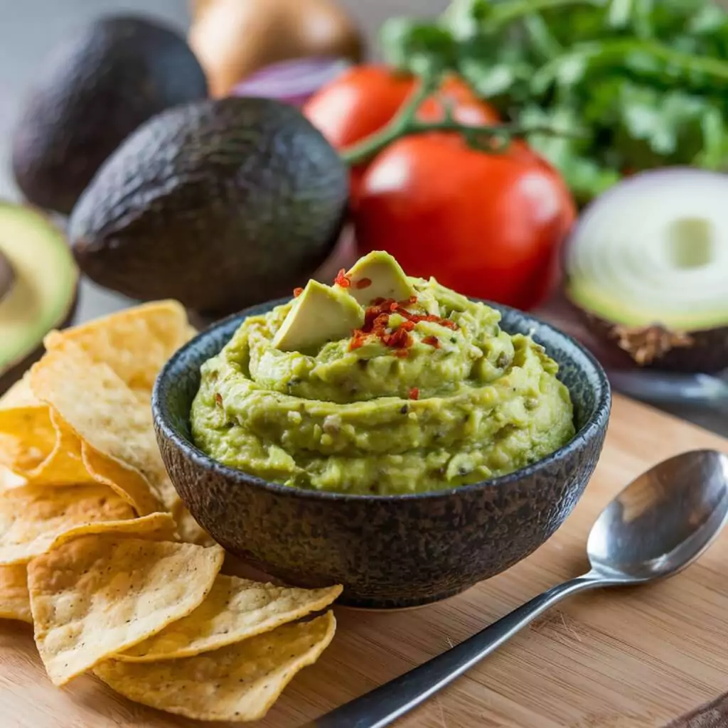 Easy Guacamole recipe. A bowl of easy guacamole made with fresh avocados, lime juice, chopped onions, and salt, garnished with cilantro and served with tortilla chips.