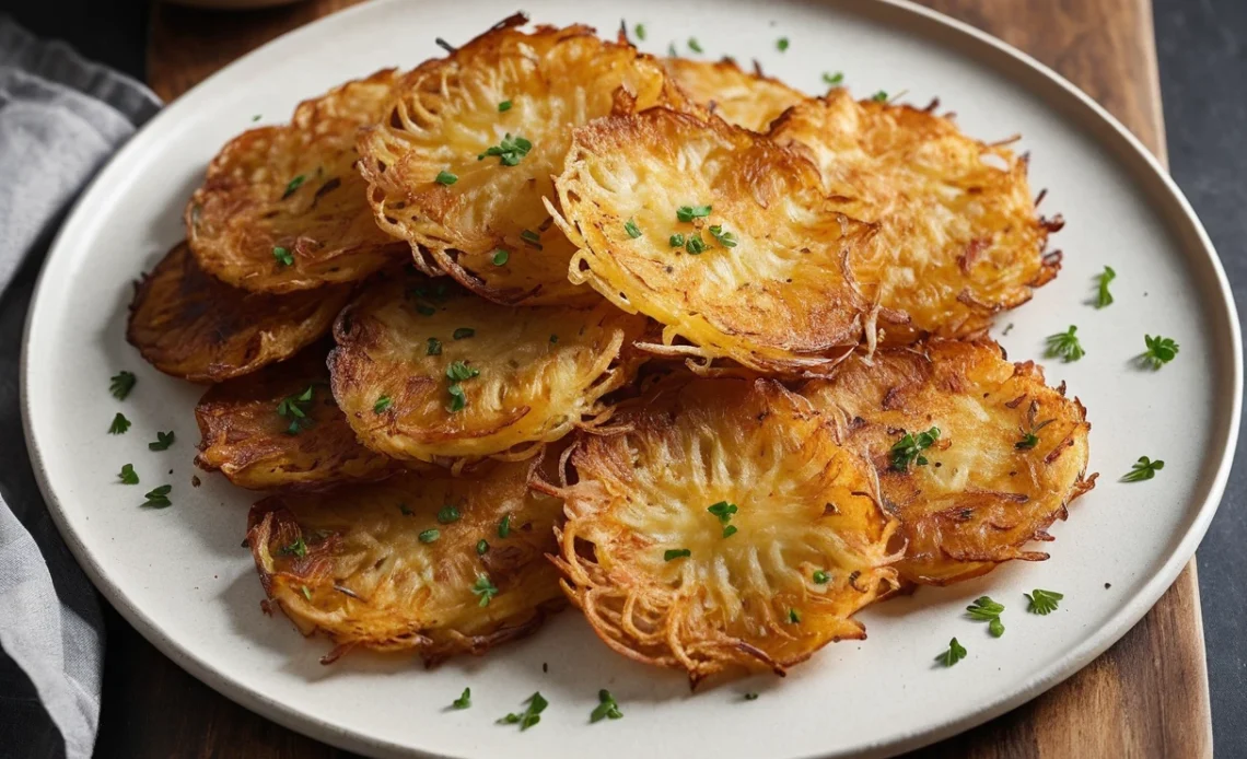 Air fryer hash browns. crispy hash browns served on a plate.