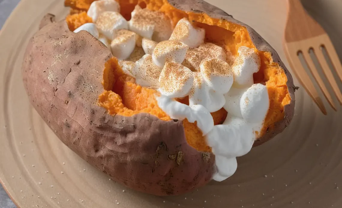 Texas Roadhouse Loaded Sweet Potato with marshmallows and pecans.