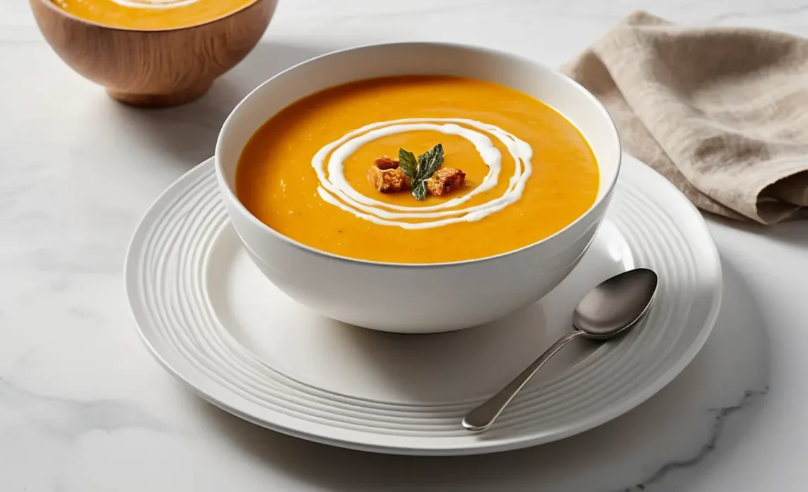 Bowl of Thermomix pumpkin soup with coconut milk and crusty bread