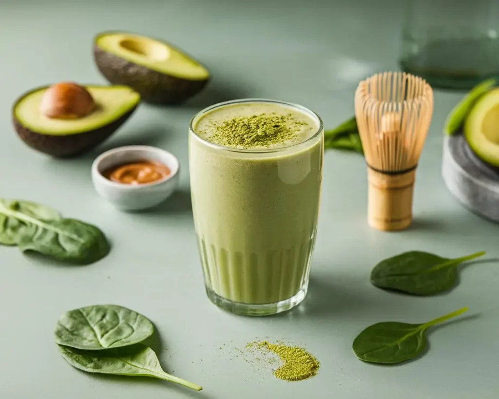 A creamy, luxurious green smoothie in a sleek glass, topped with a dusting of matcha powder. Fresh avocado halves, spinach leaves, a small bowl of almond butter. Made with Thermomix.