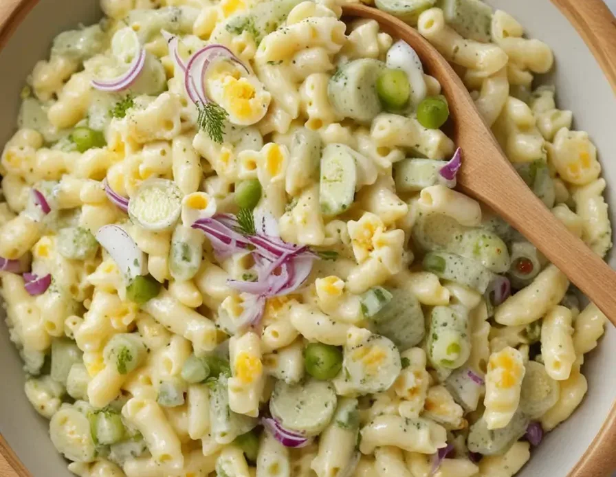 A creamy and tangy macaroni salad with pickles, served in a bowl.