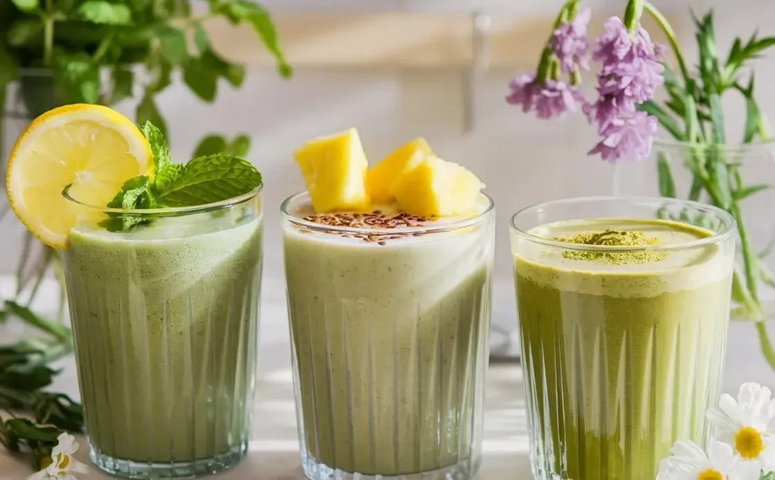 fresh spring-themed three different green smoothies in clear glasses. Each smoothie is beautifully garnished one with lemon and mint, another with pineapple and flaxseeds, and the third with a sprinkle of matcha powder. Made with thermomix.