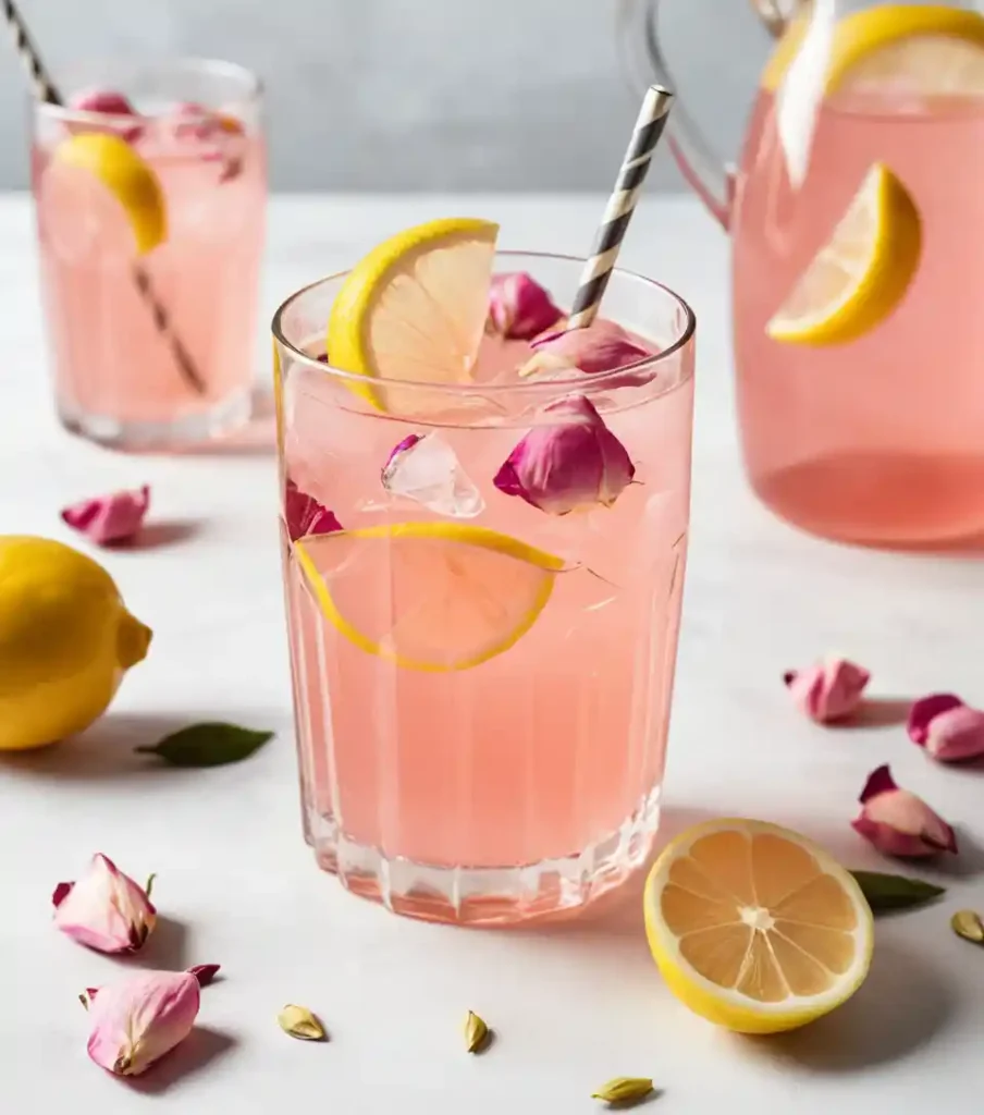 A floral and refreshing pink Valentine’s Day mocktail with rose water and lemon.