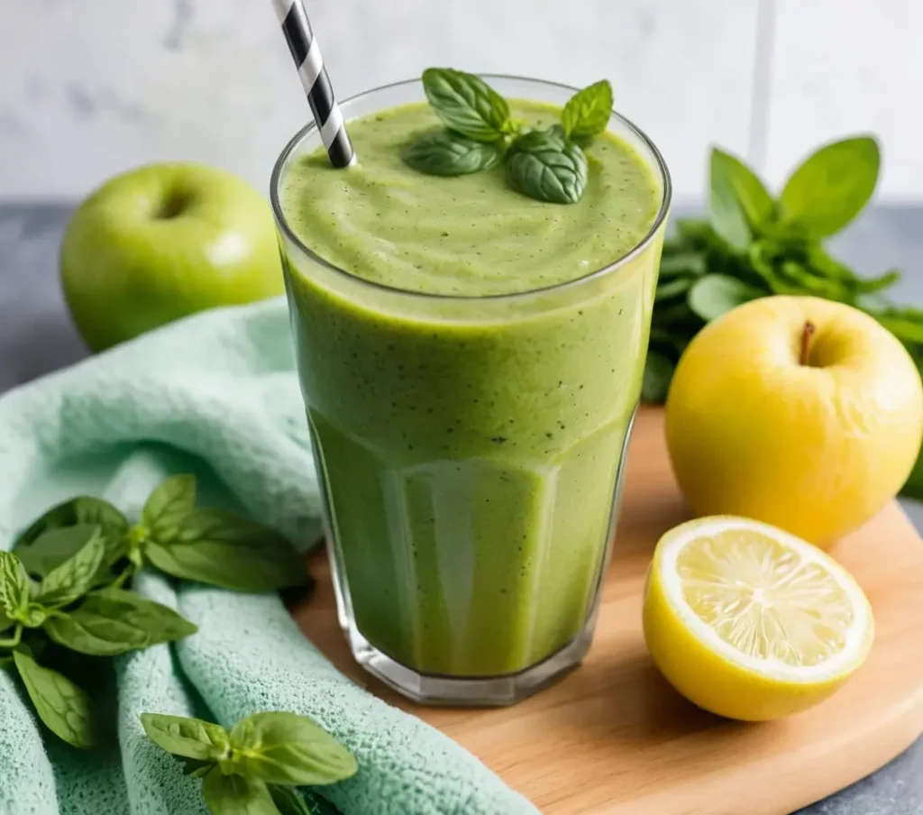 A fresh, vibrant green smoothie served in a clear glass, garnished with a slice of lemon and a sprig of mint. surrounded by fresh ingredients—spinach leaves, cucumber slices and green apple. Made with a thermomix.