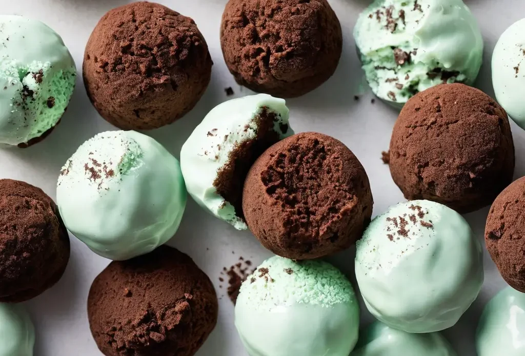 no-bake mint cookie truffles. Made with mint chocolate cookies, cream cheese, and coated in festive green chocolate.