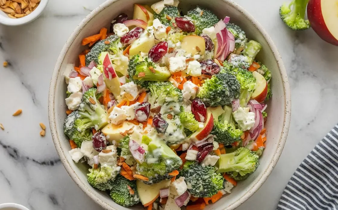 A vibrant, fresh broccoli salad includes chopped broccoli, cranberries, crumbled feta cheese, diced apples, carrots, and toasted almonds, all lightly coated with a creamy yogurt dressing