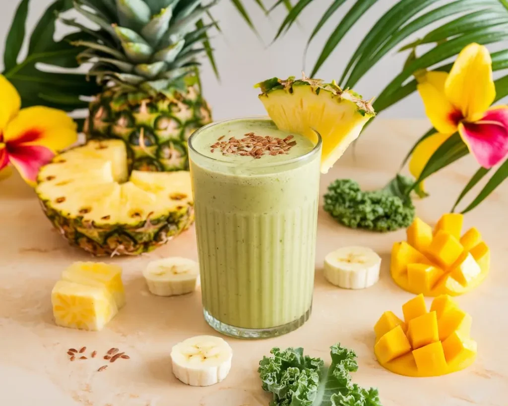 A bright, tropical-themed green smoothie served in a tall glass, topped with a sprinkle of flaxseeds and a wedge of pineapple on the rim. Fresh pineapple chunks, banana slices, mango cubes, and kale leaves are arranged around the glass on a light wooden surface, with hints of tropical flowers in the background for that island vibe. Made with Thermomix.