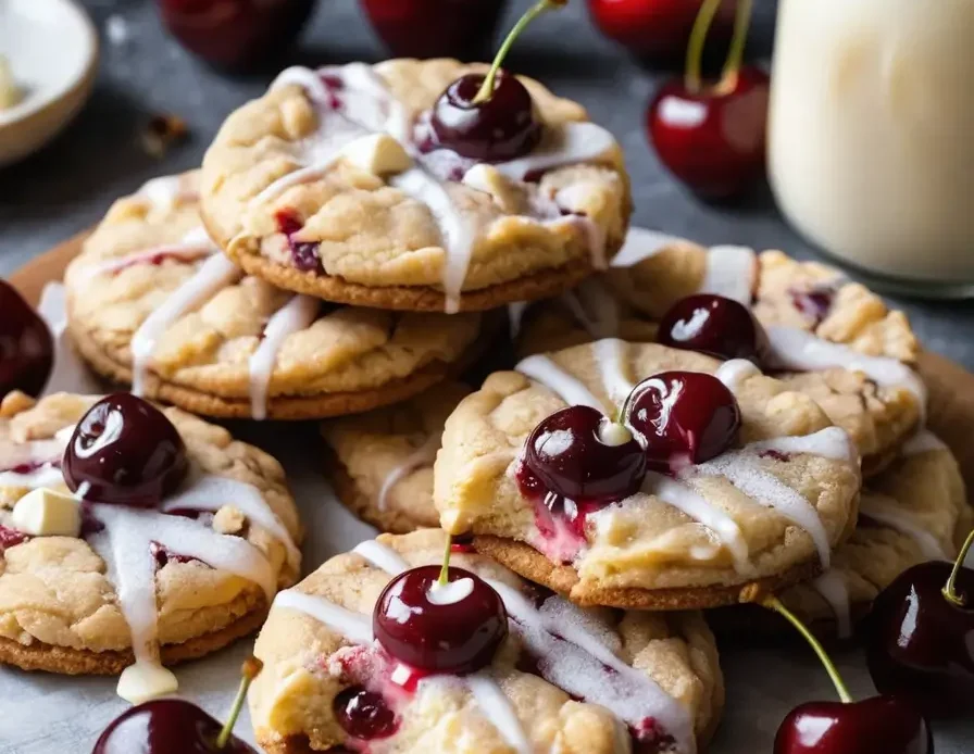 A beautiful plate of freshly baked Cherry Cheesecake Cookies with a golden, slightly cracked cookie base, a luscious dollop of cherry topping, and a drizzle of melted white chocolate.