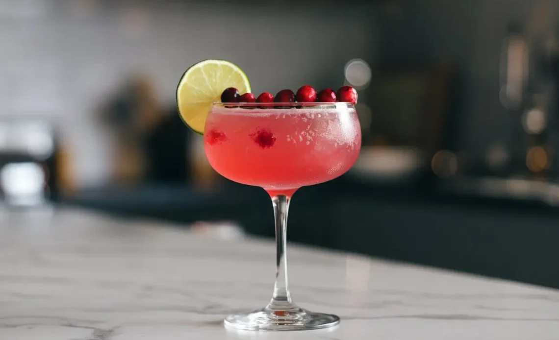 Cosmopolitan Mocktail in a chilled martini glass, garnished with a lime wheel and fresh cranberries.