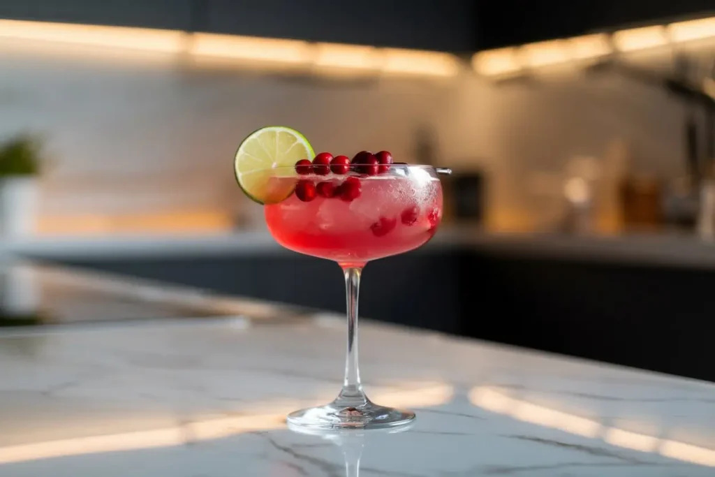 Cosmopolitan Virgin Mocktail in a martini glass, garnished with a lime wheel and fresh cranberries