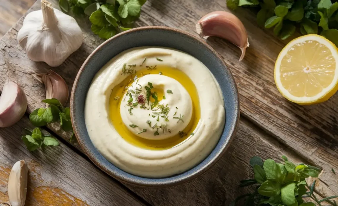 homemade thermomix aioli sauce, creamy and smooth, garnished with a drizzle of olive oil and a sprinkle of fresh herbs