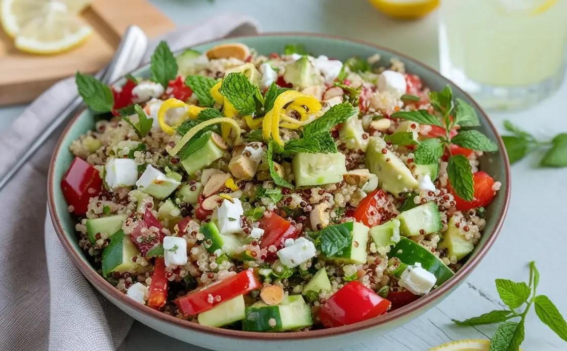 An overhead shot of a vibrant quinoa salad served in a rustic wooden bowl. The salad is colorful and fresh, featuring fluffy quinoa, diced red bell peppers, cucumbers, cherry tomatoes, avocado chunks, crumbled feta, and fresh herbs like parsley and mint. A drizzle of lemon. Garnished with lemon.